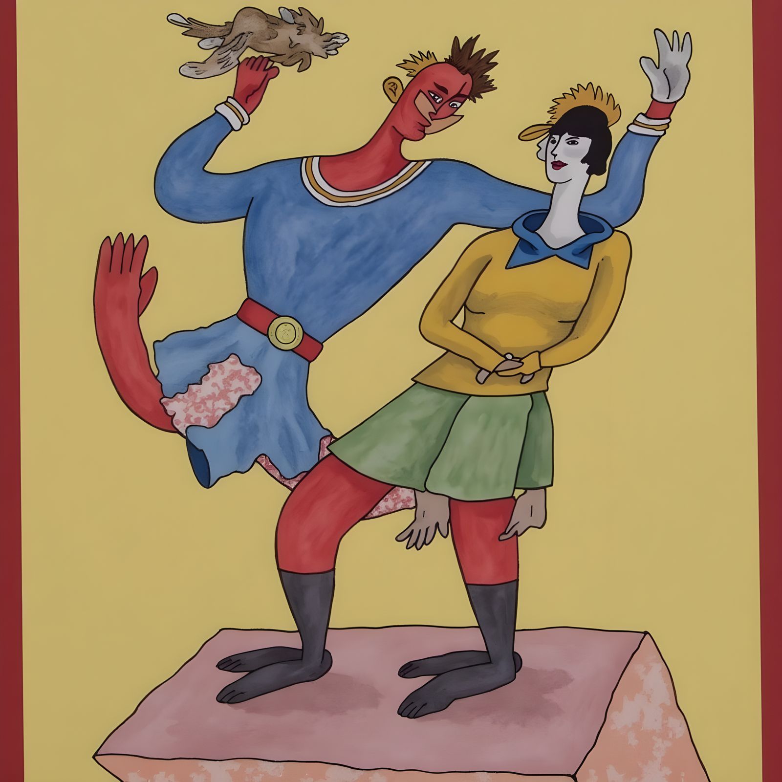 Cat Climbing Woman in Chicago Imagists Style