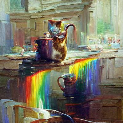 Rainbow Cat Sipping Tea: An Oil Painting