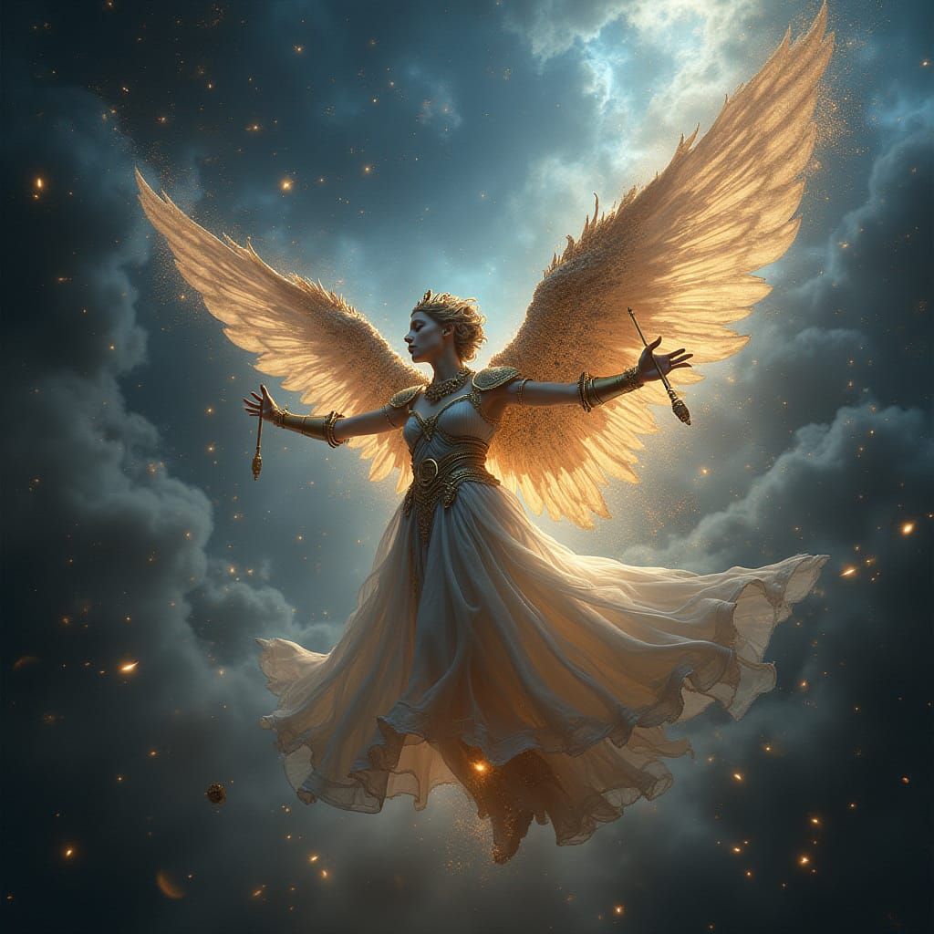 Celestial Clockwork Angel Descending from Nebula