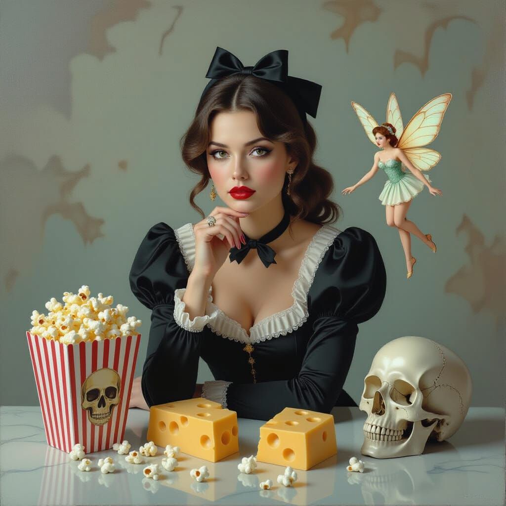 Surreal Woman with Popcorn and Skull, Dali Style
