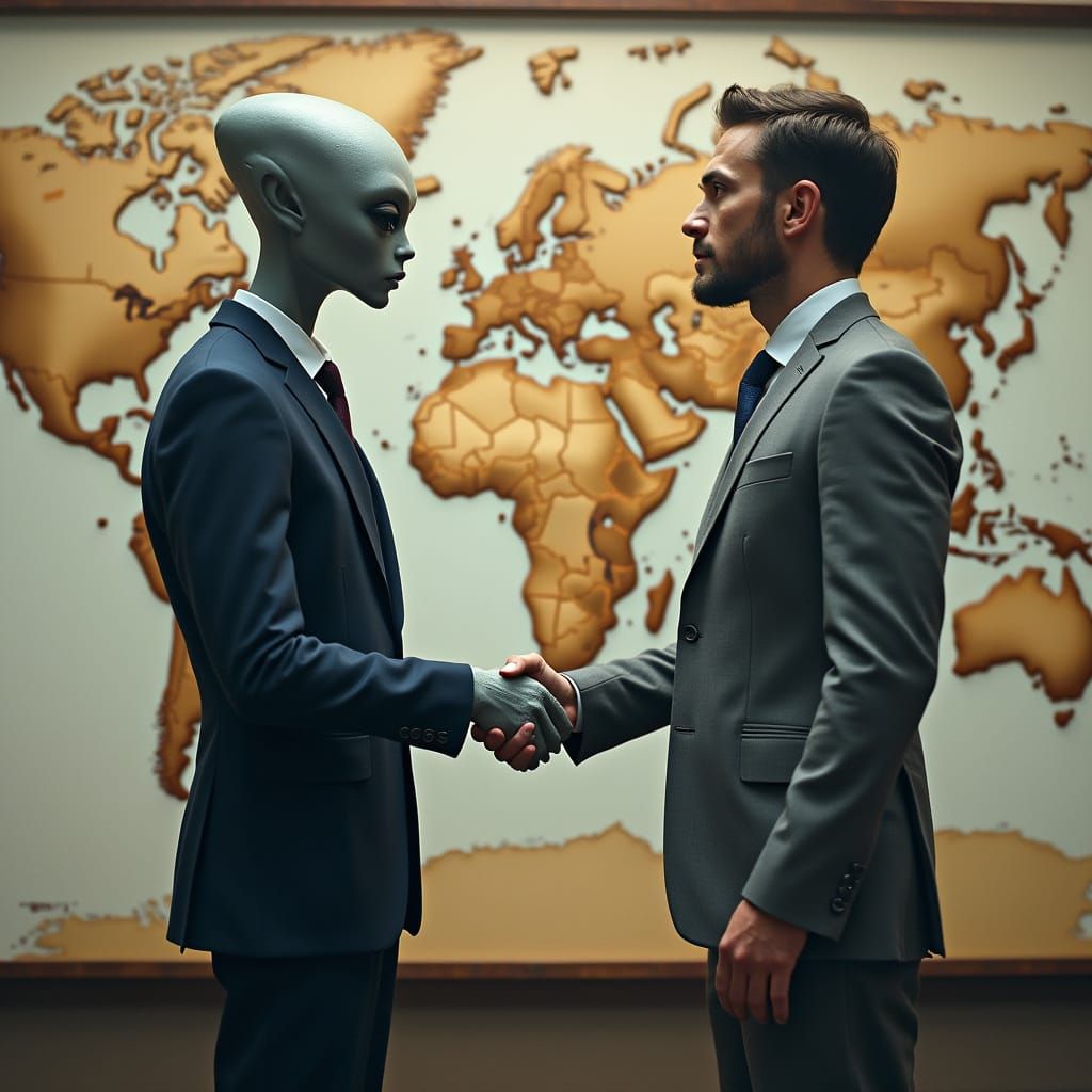 Alien and Human Handshake in Futuristic Style