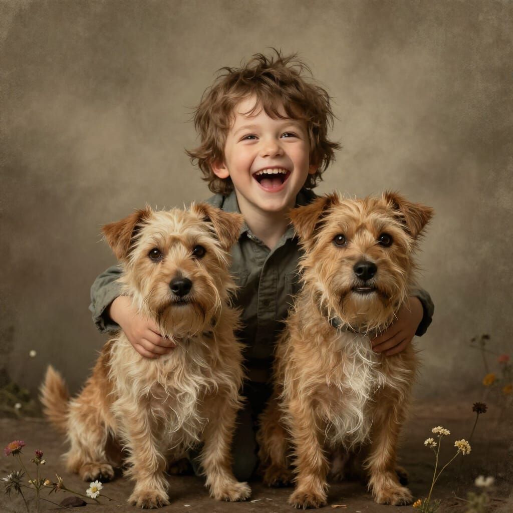 Joyful Child and Dog Portrait in Grunge Style