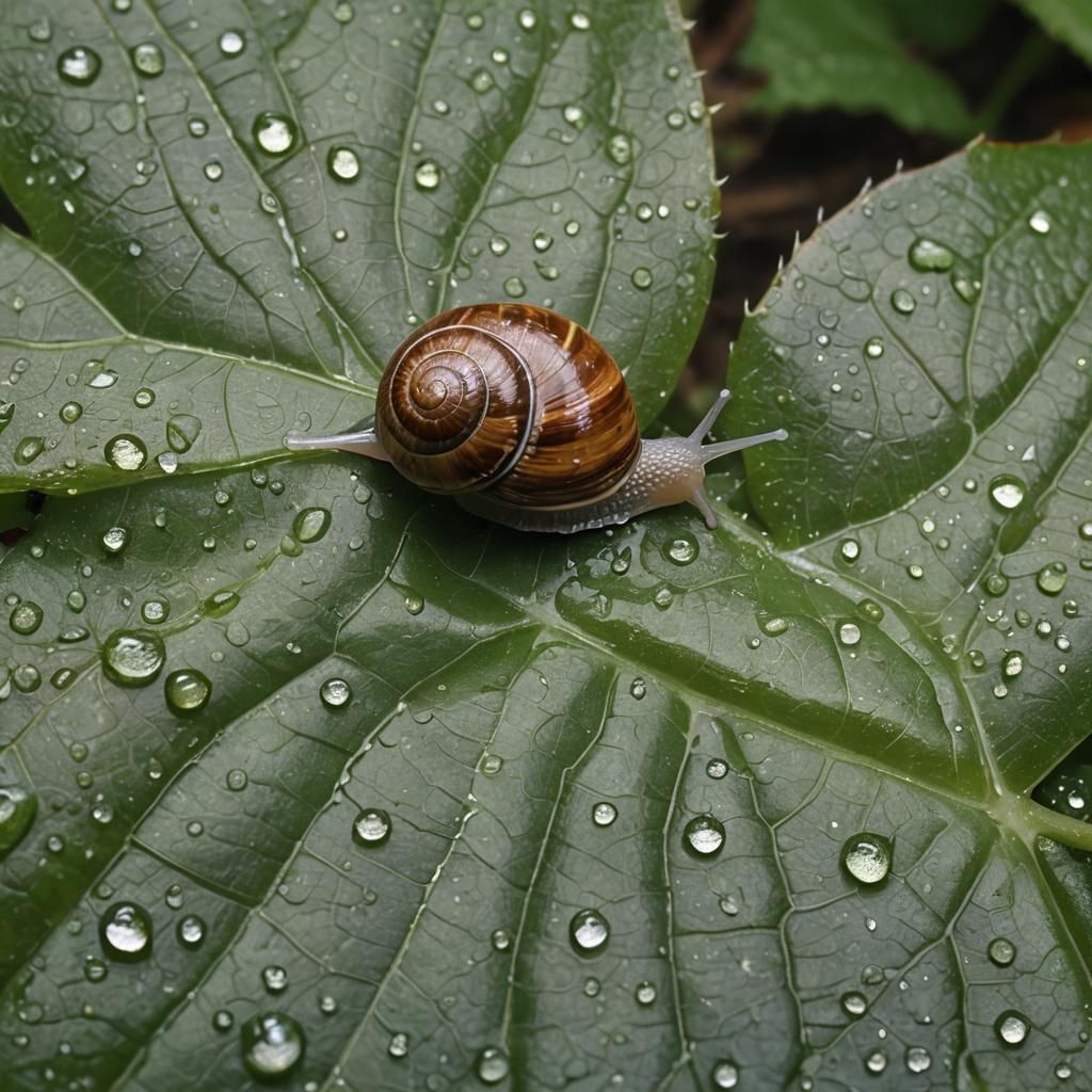 Macro Photo of Snail on Leaf with Dew