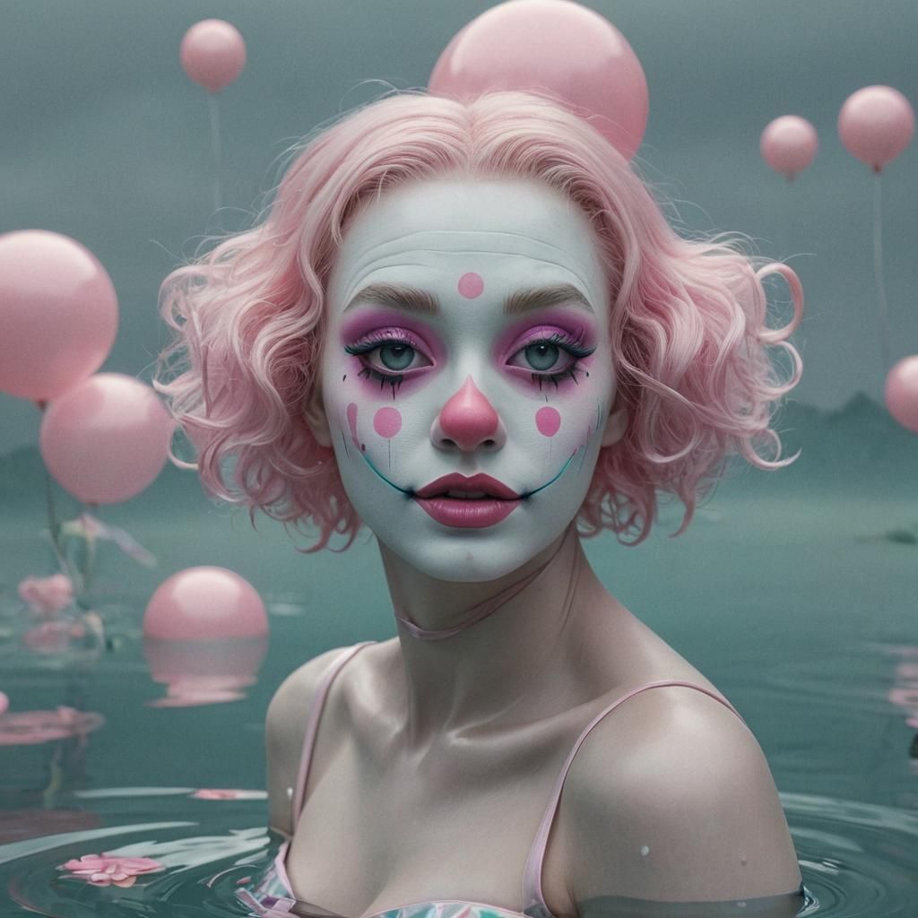Eerie Pastel Clown in Dystopian Floral Fantasy