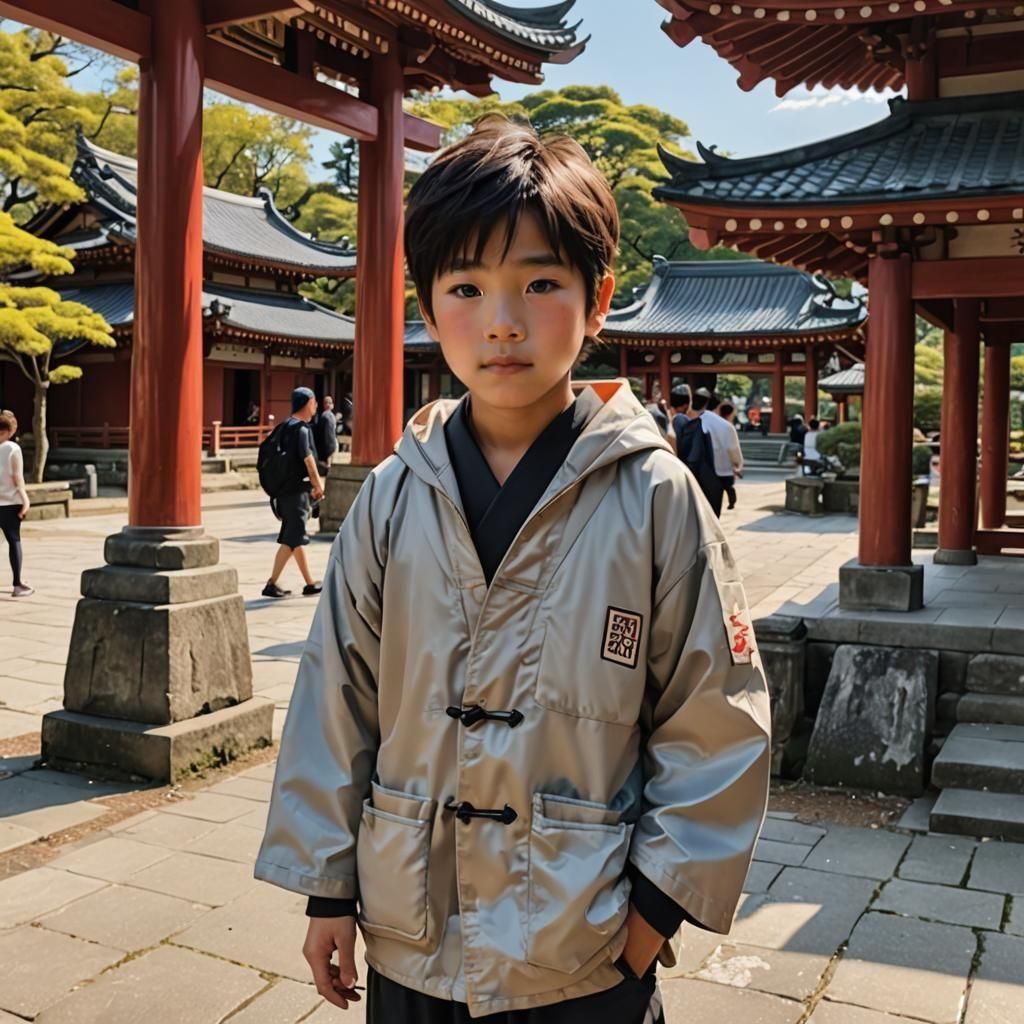 Photorealistic Japanese Boy at Pagoda