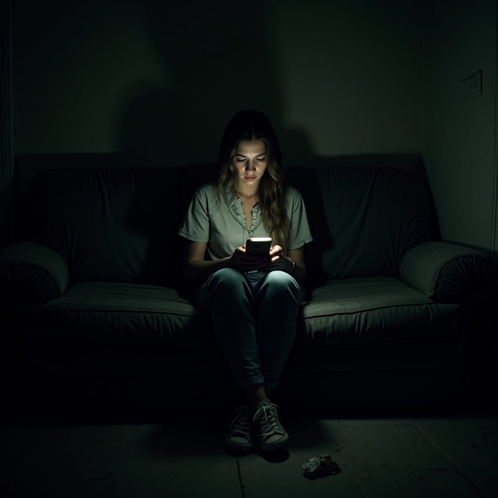 Young Woman in Isolated Darkness