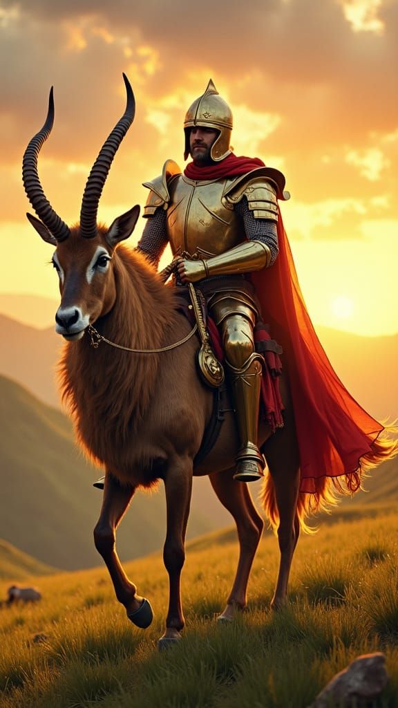 Knight on Springbok at Sunset: Romanticism Style