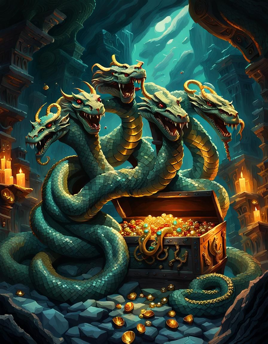 Multi-Headed Serpent Guarding Treasure in Ancient Temple