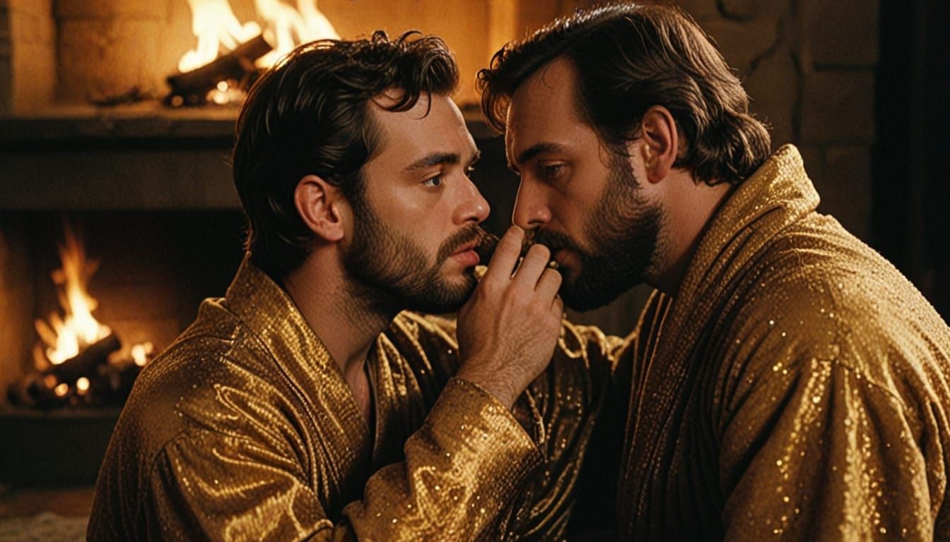 Elegant Men Embrace by Cozy Fireplace