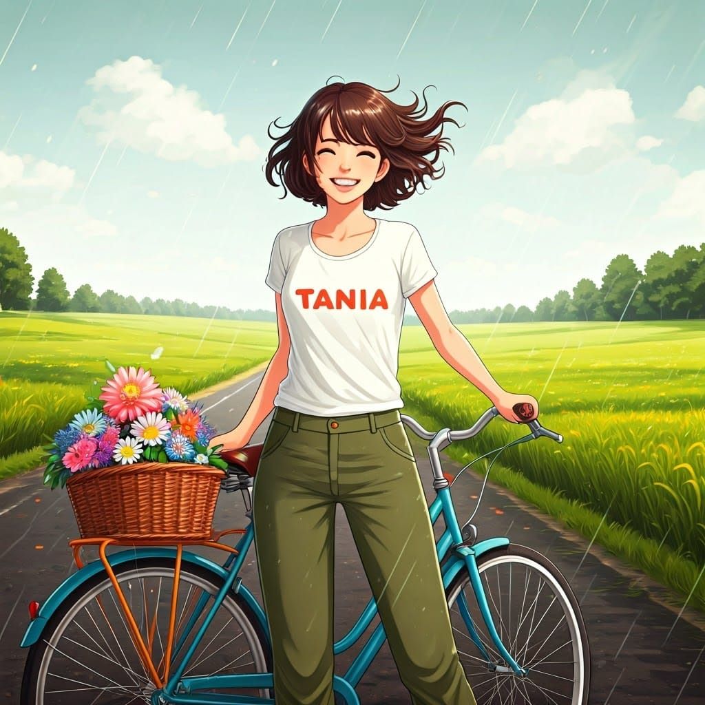 Girl with Bike on Country Road, Digital Art