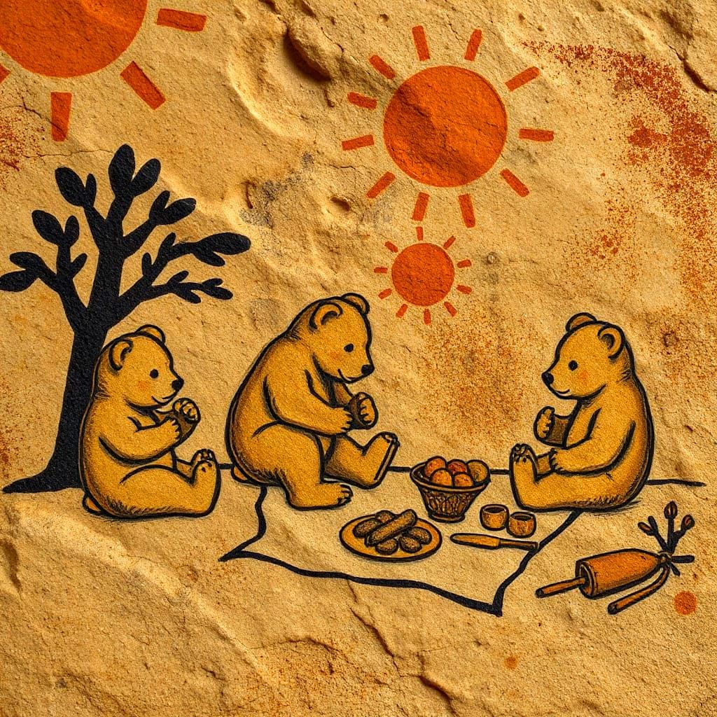 Teddy Bears' Picnic in Ancient Cave Art Style