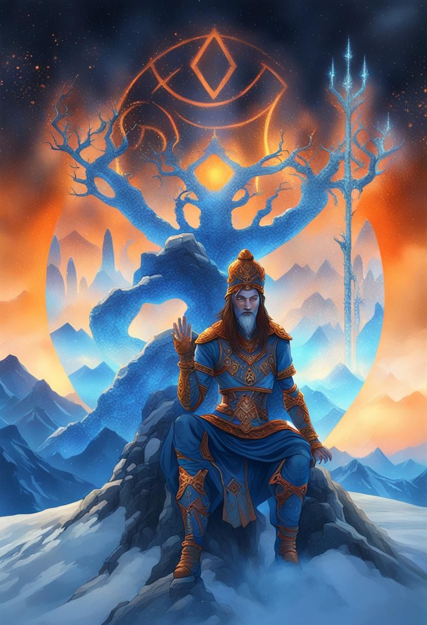 Mystic Figure in Snowy Mountain Landscape