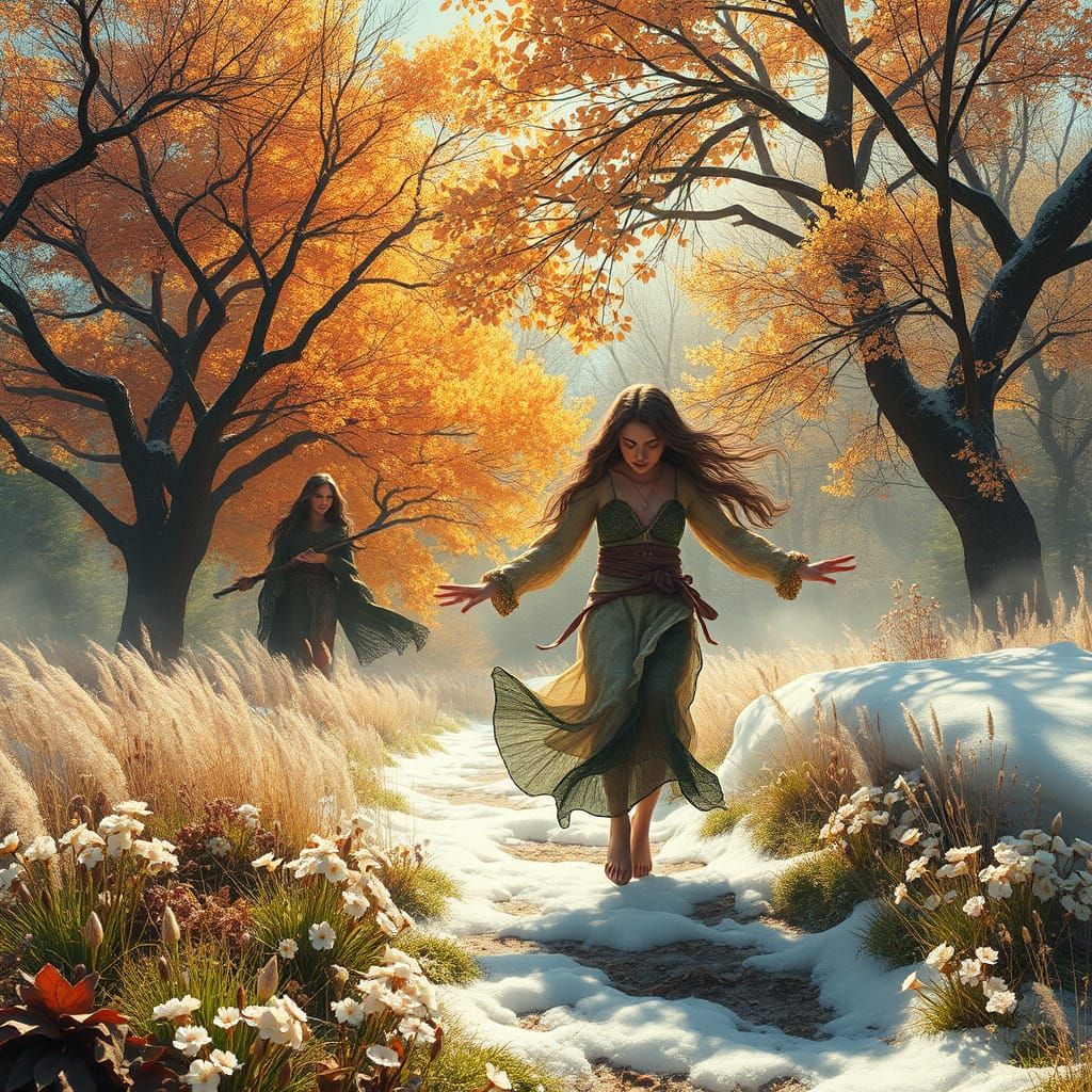 Cyclical Dance of Seasons in Whimsical, Hyper-Realistic Art
