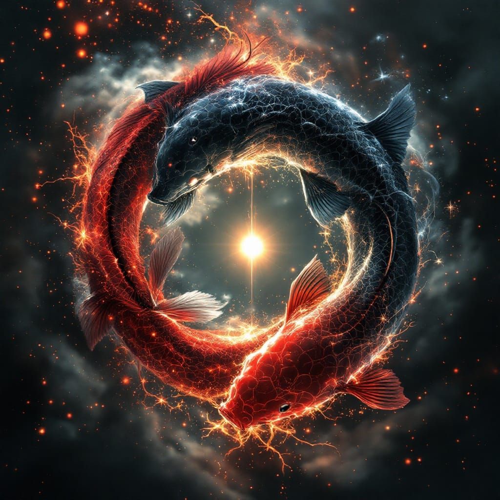 Cosmic Yin Yang Koi Fish Masterpiece in Epic Greyscale and V...
