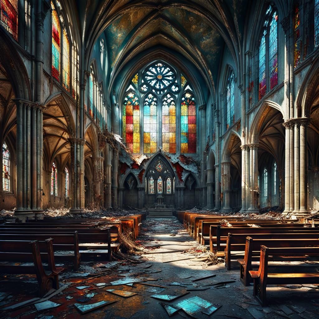 Abandoned Cathedral Interior in Digital Painting Style