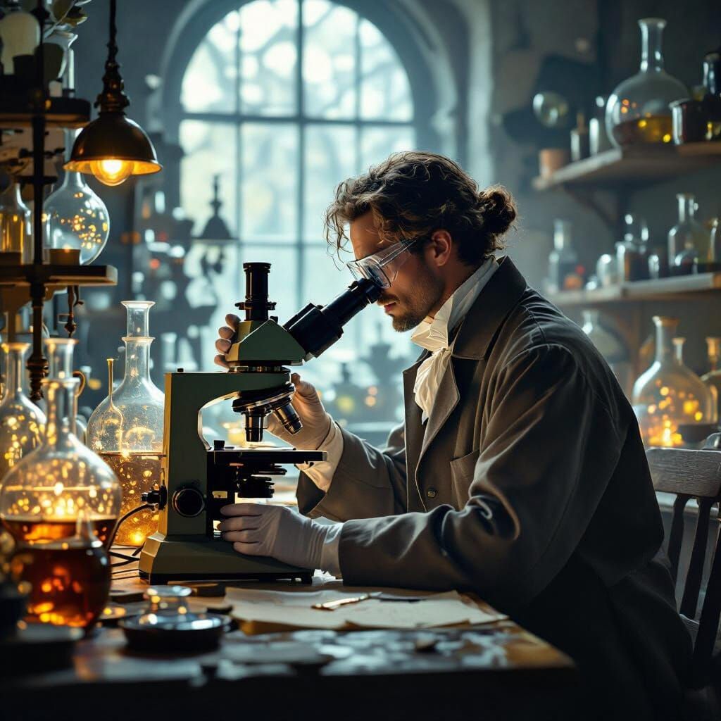 Victorian Microbe Scientist with Ornate Microscope