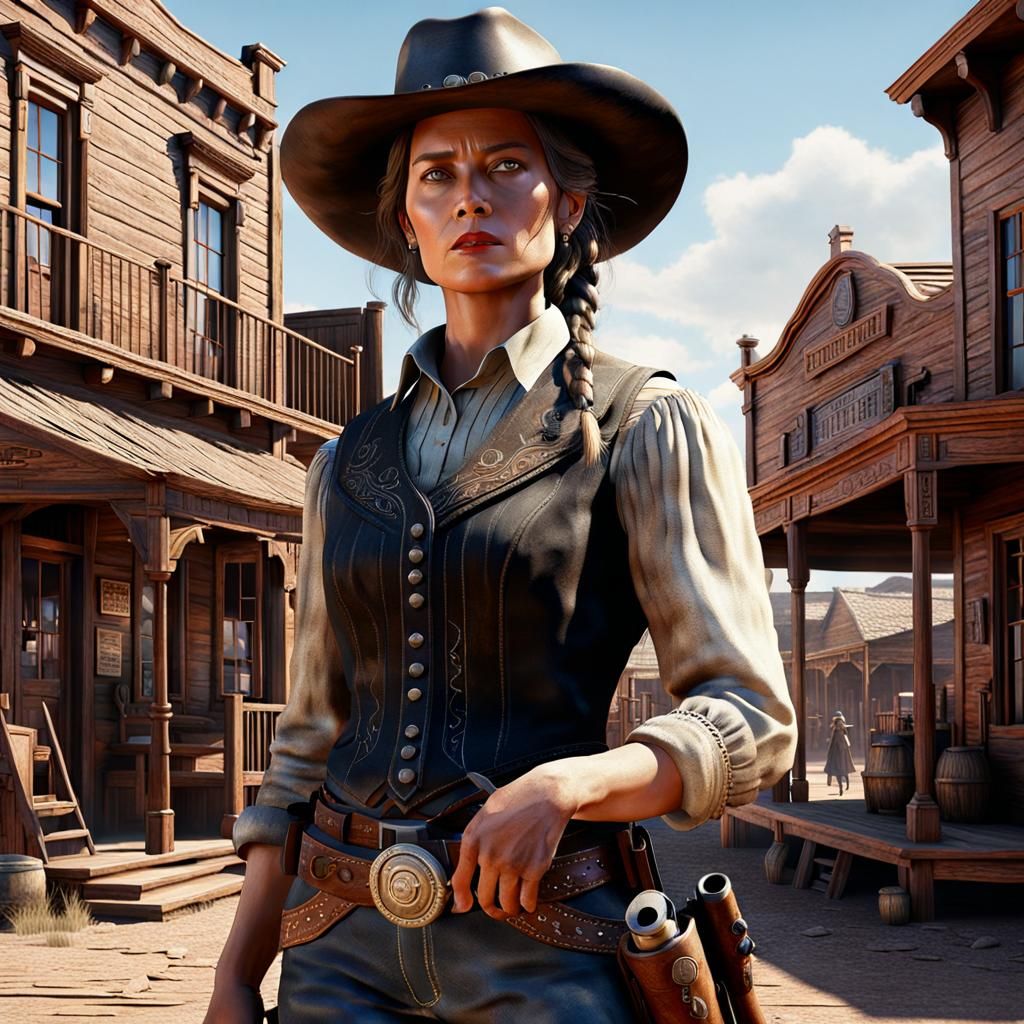 Detailed Lady Gunslinger in Western Town
