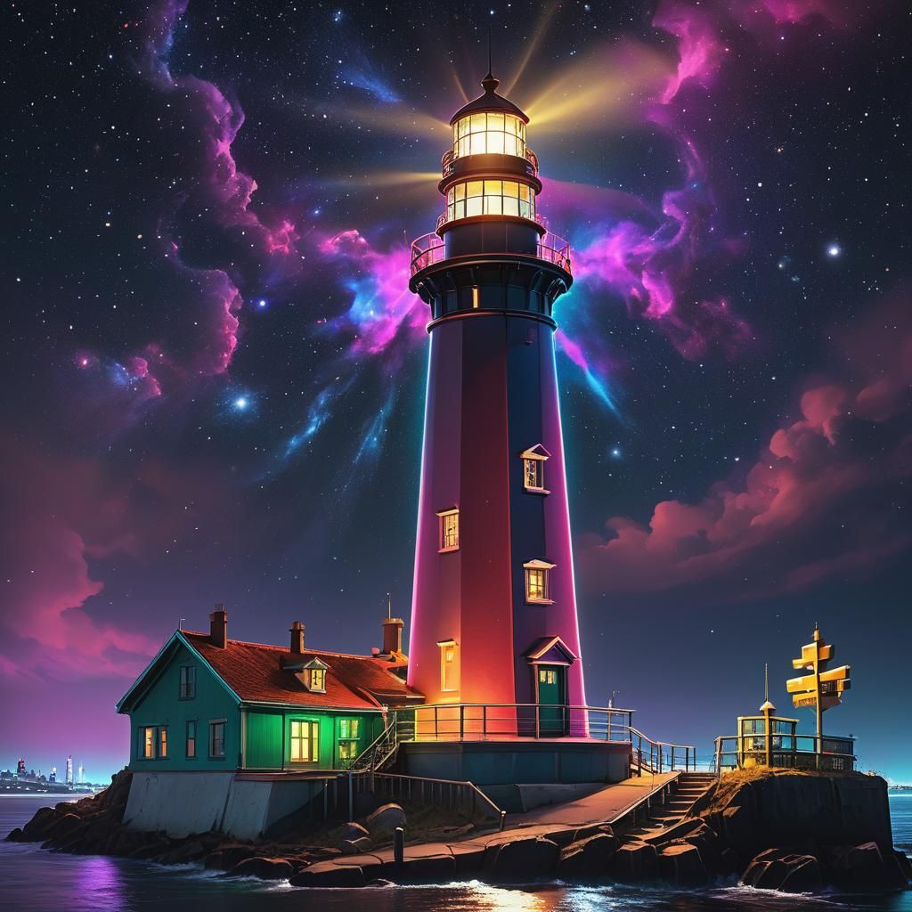 Neon Lighthouse Beaming in Starry Night Sky