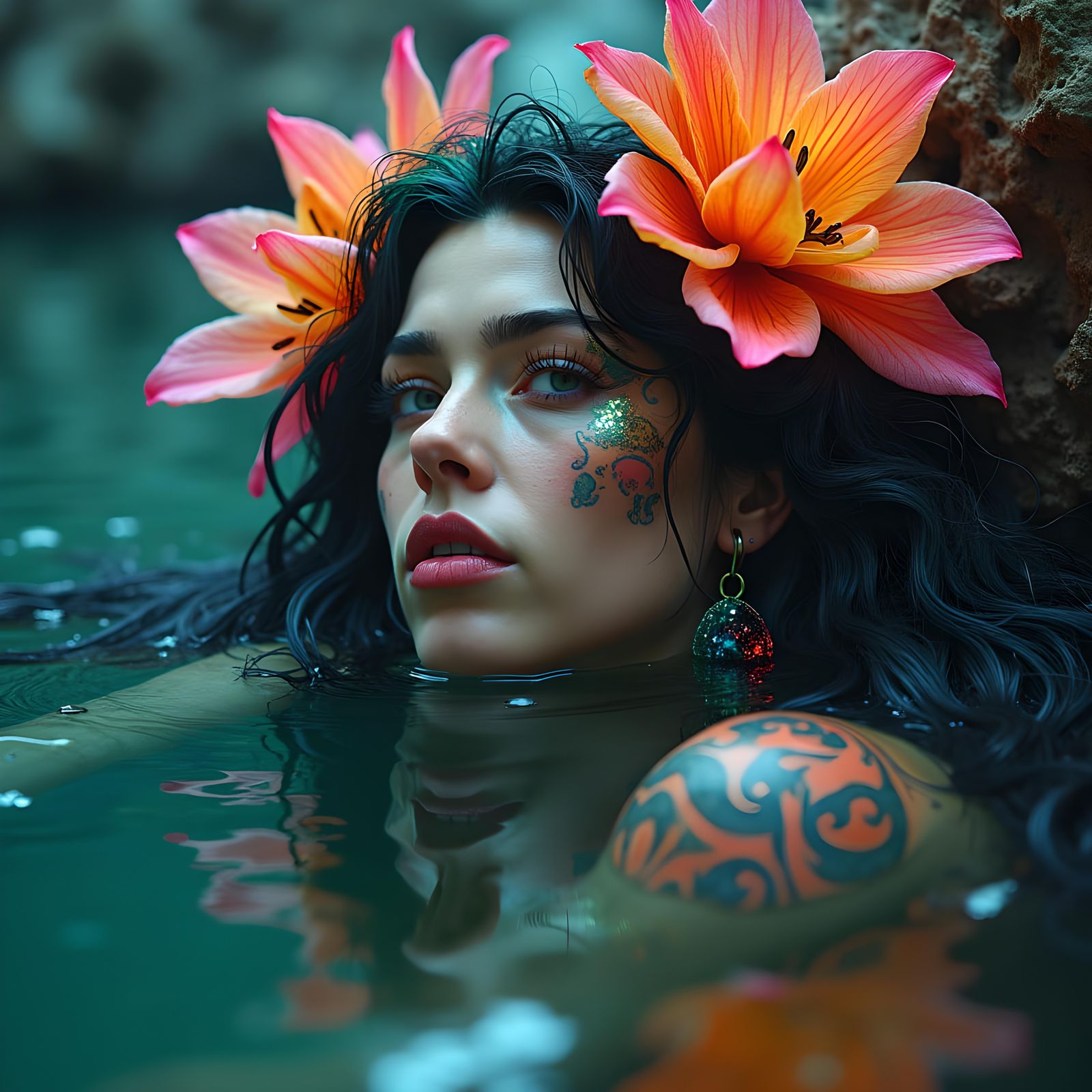 Surreal Woman in Apocalyptic Rainbow Tulip Nightmare