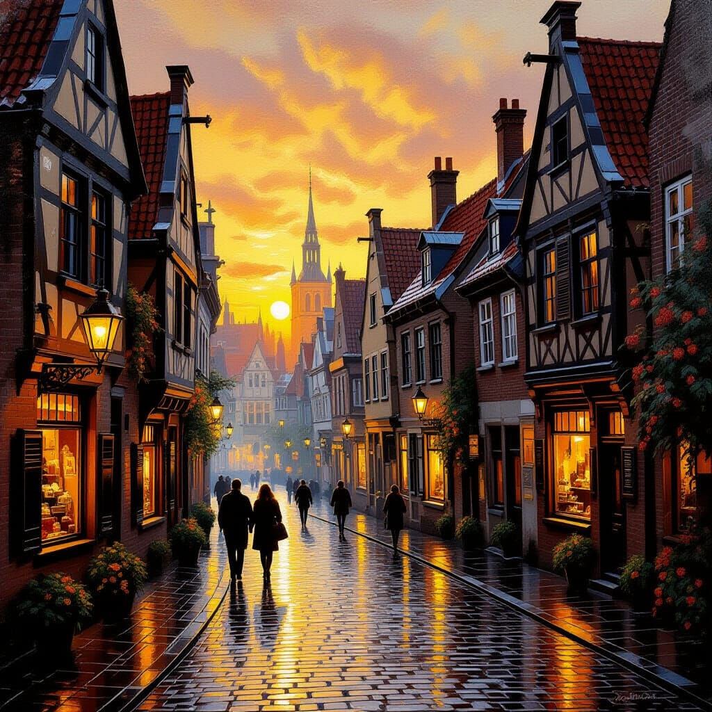 Old European Town at Sunset: Hyperrealistic Oil Painting