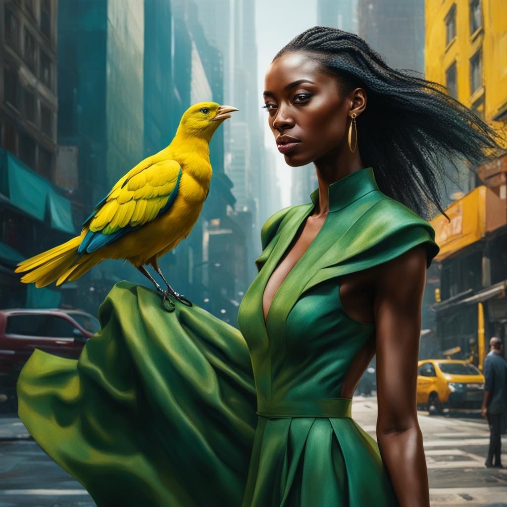 City Scene with Man, Bird, and Figure in Splash Art