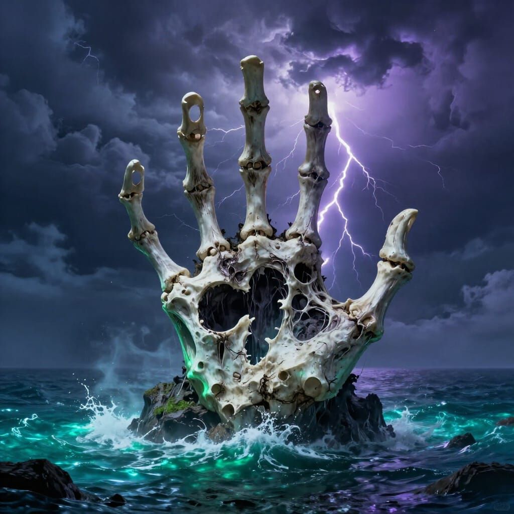 Skeletal Hand Island in Stormy Phosphorescent Sea