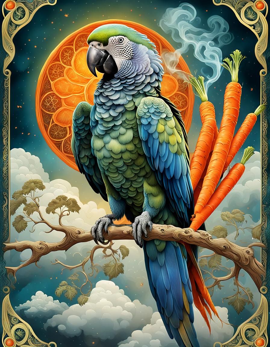 Parrot and Carrot Tarot Card in Victorian Style