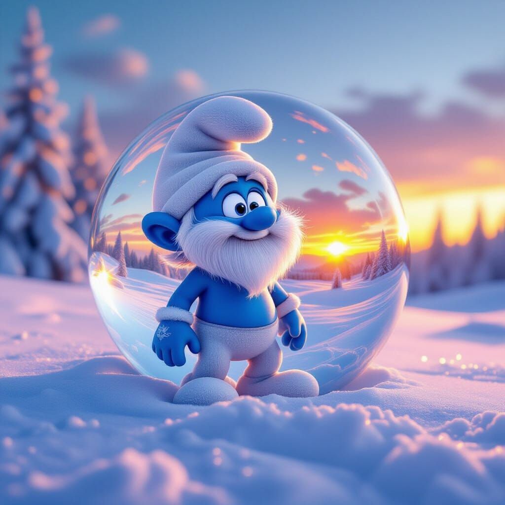 Dreamy Double Exposure: Smurf Reflecting Snowy Sunset