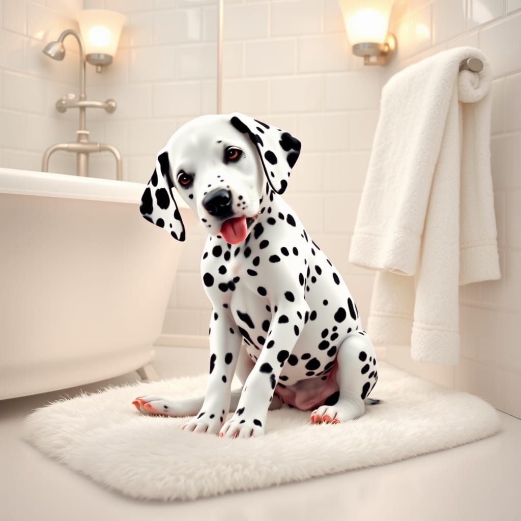 Dalmatian Pup's Grooming Session in Elegant Bathroom
