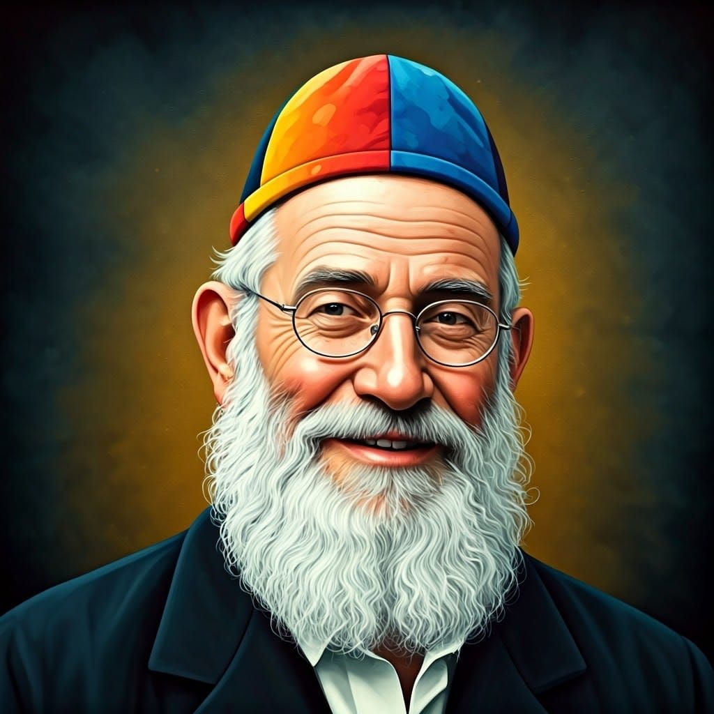 Very happy smiling Orthodox Hasidic rabbi with clown hat, Memis Glichkor, avant-garde alcohol ink portrait, shadowed lig...