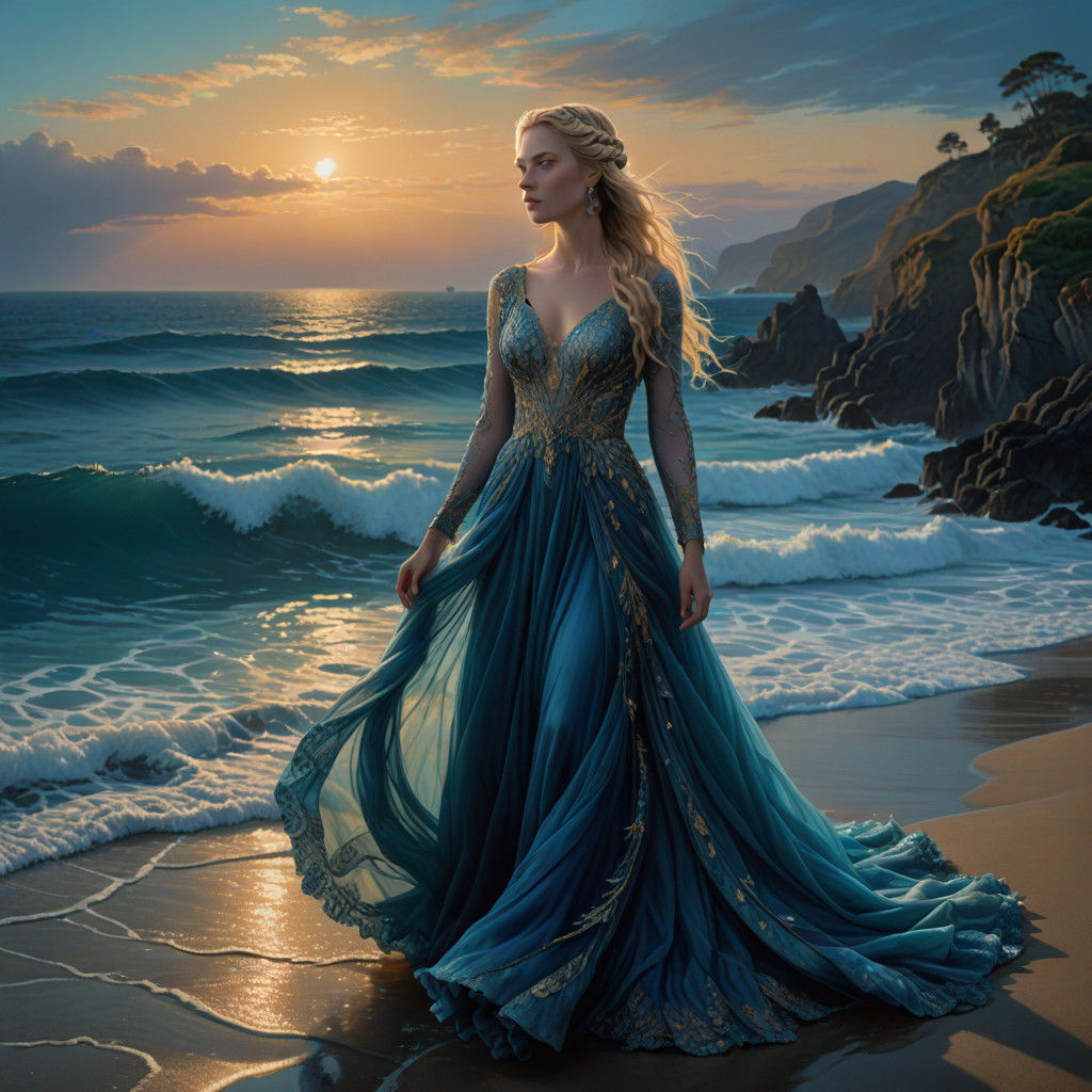 Surreal Underwater Goddess in Elegant Blue Gown