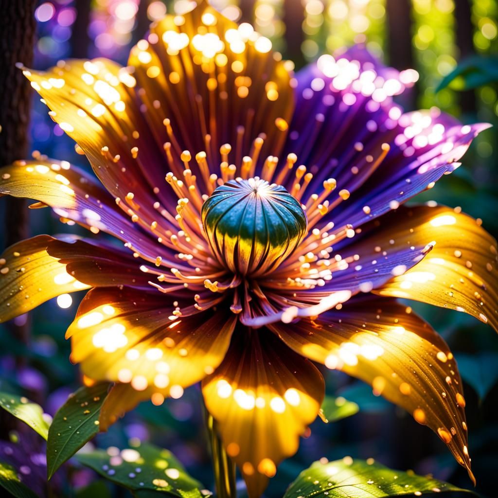 Photorealistic Metal Flower in Forest with God Rays