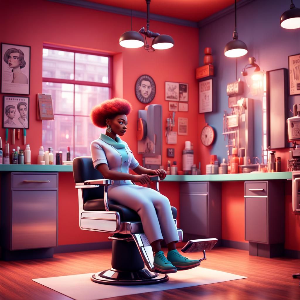 Female Barber in Barbershop: 3D Digital Art