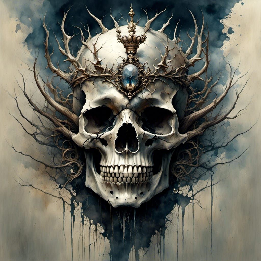 Ornate Skull with Horned Crown and Jewelry