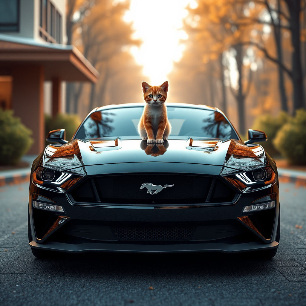 Orange Kitten on Mustang in Anime Style