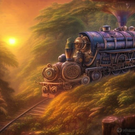 Steampunk Train Amidst Congolese Jungle Sunset