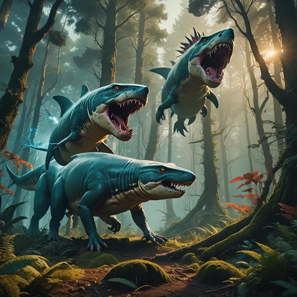 Surreal Shark Lion T-Rex Hybrid in Ancient Forest