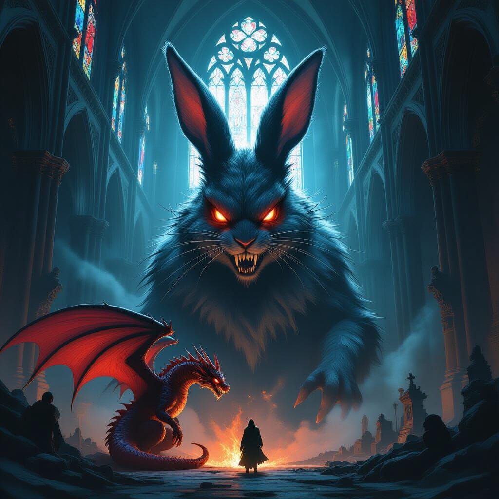 Giant Rabbit Battles Dragon in Gothic Cathedral