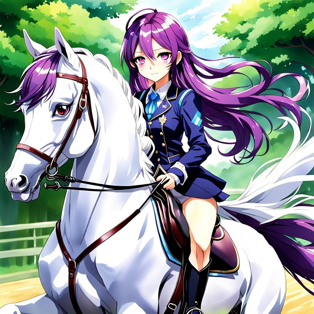 Girl Riding White Horse in Anime Style