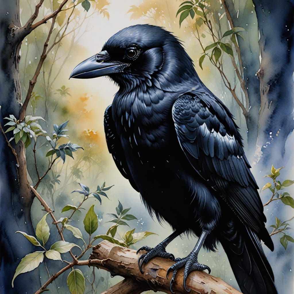 Ethereal Fantasy Pied Crow in Romantic Watercolor