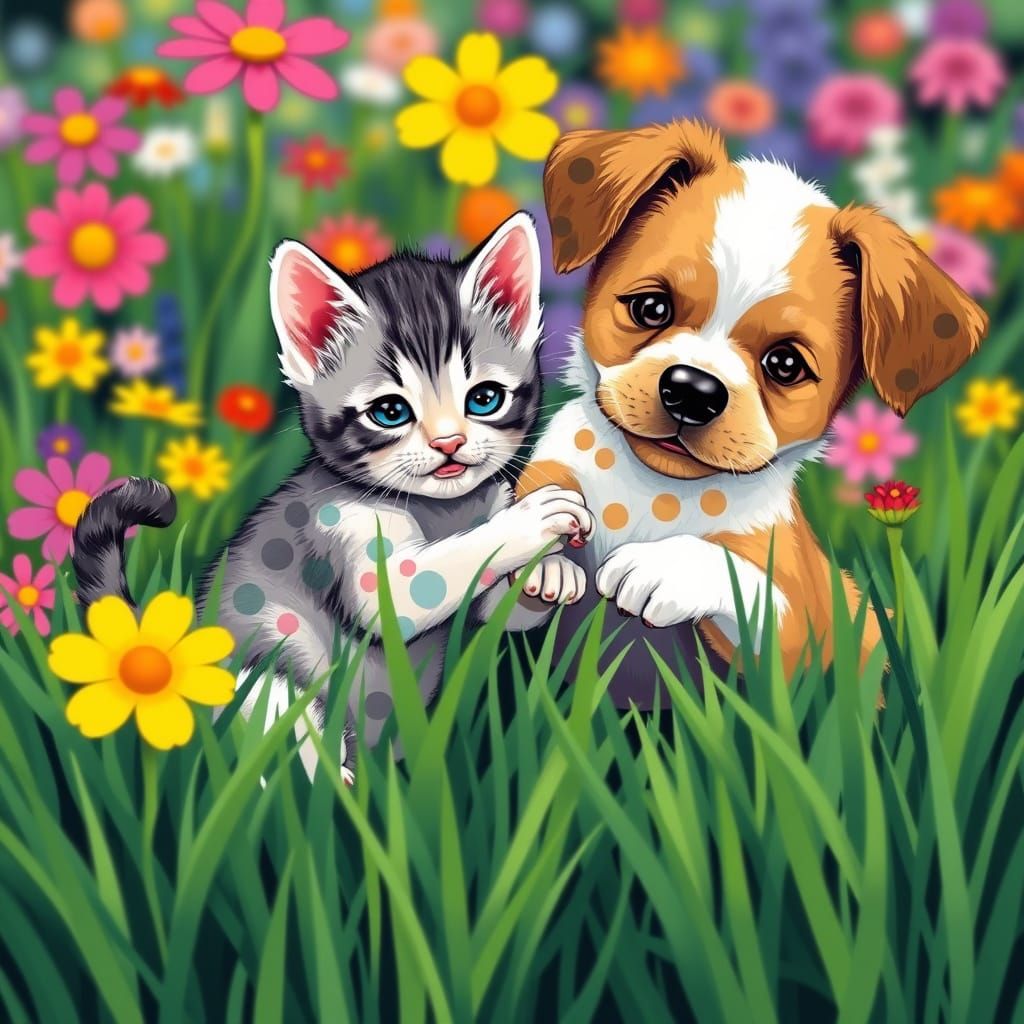 Kitten and Puppy Play in Polka Dot Garden