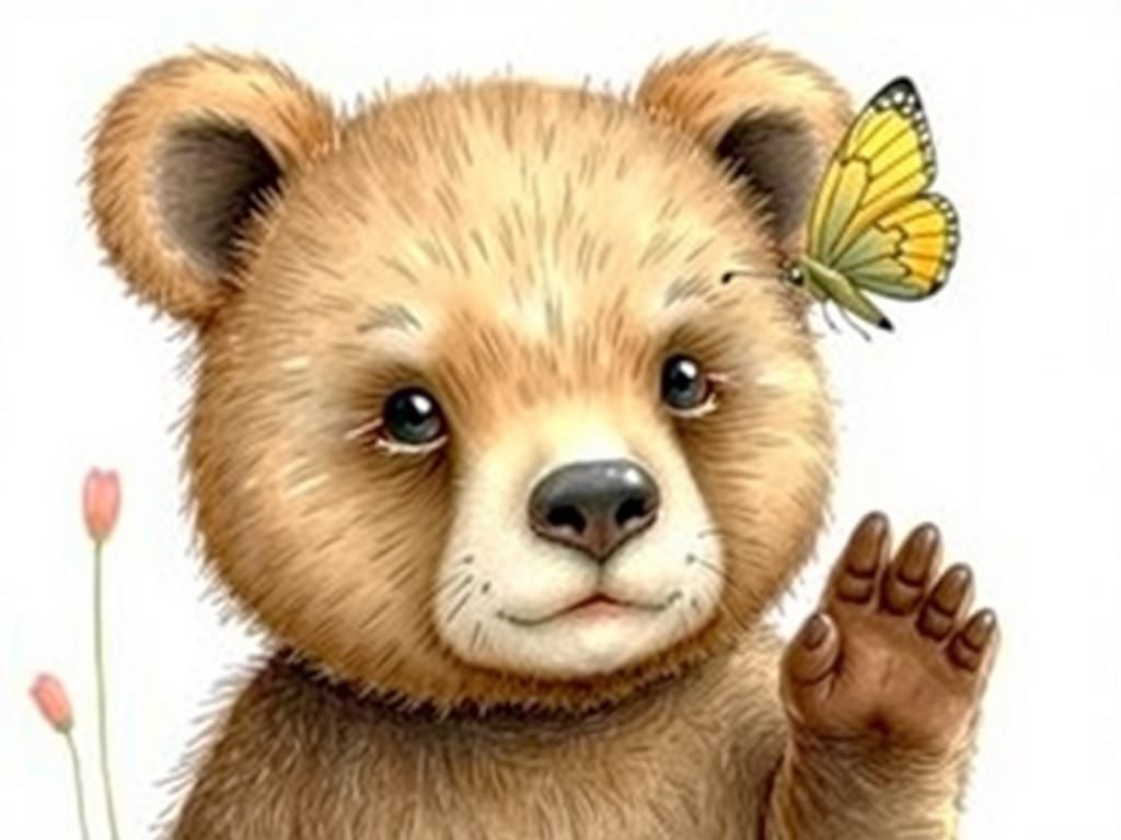Cute Bear Cub Looks at Butterfly on Nose in Whimsical Style