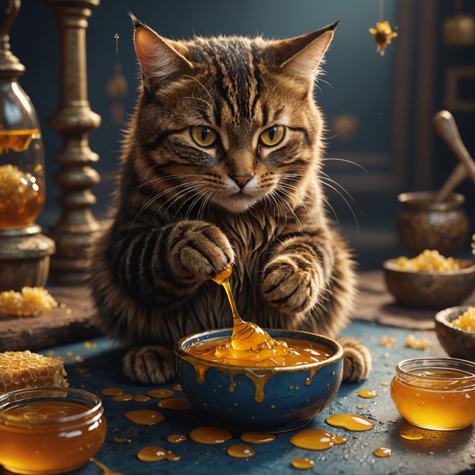 Cat Enjoys Sticky Honey in Detailed Digital Painting