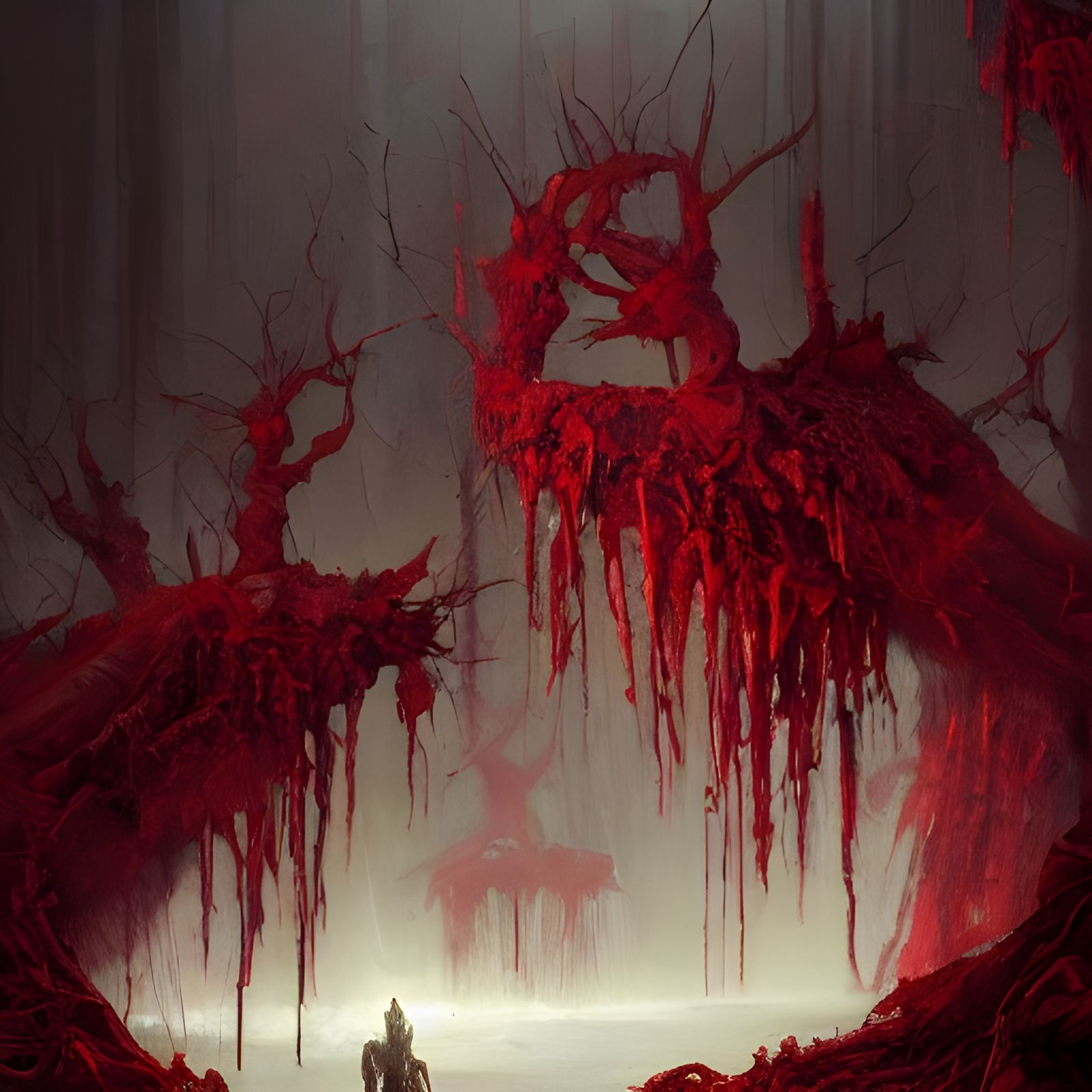 Dismembered Corpses in Blood Sea: Dark Trees Oil Painting