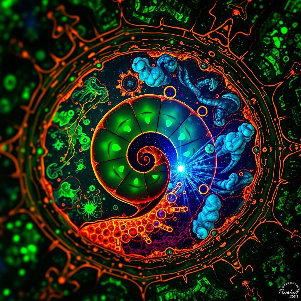 Psychedelic Bioluminescent Cell Mandala: Microscopic Cosmos