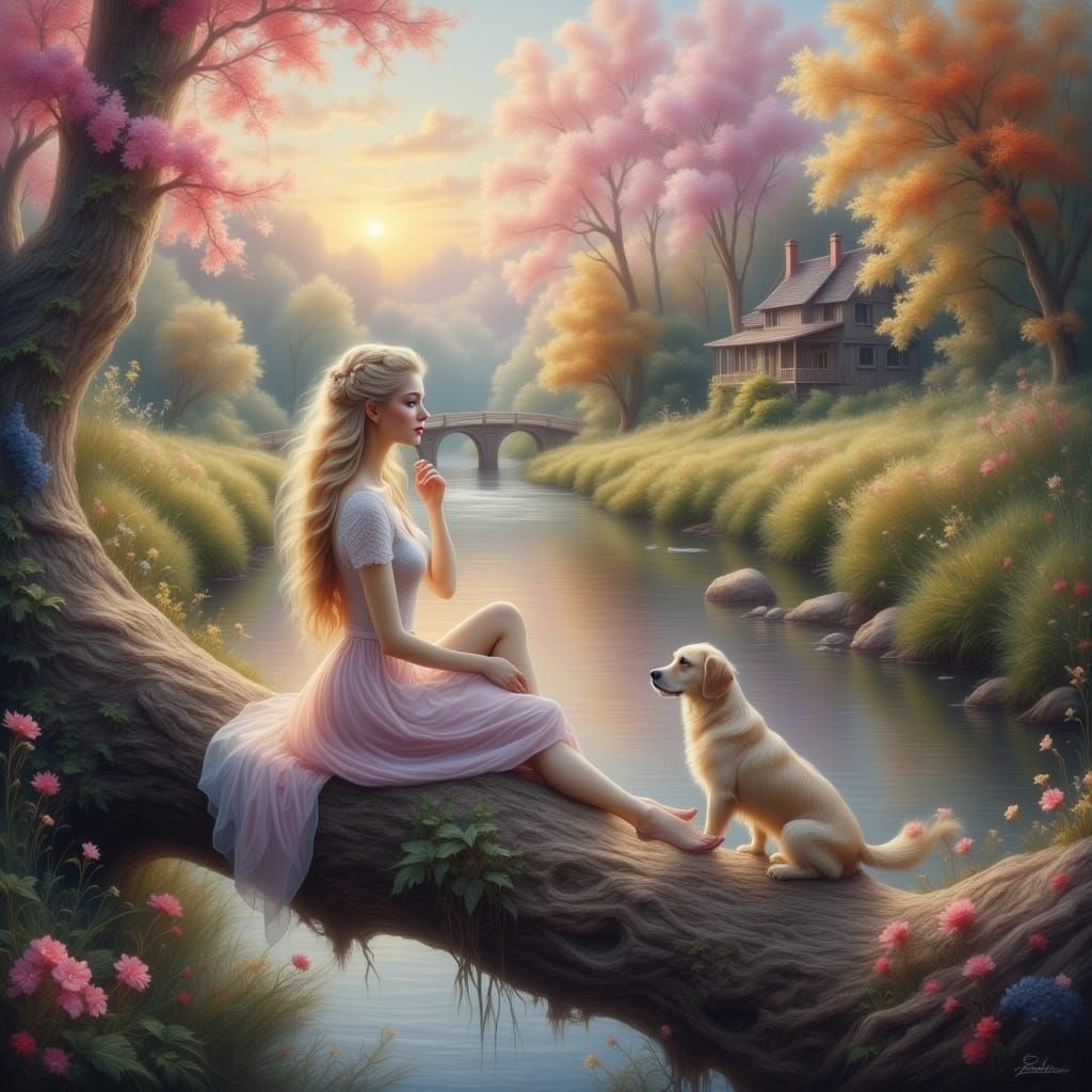 Serene Twilight River Scene with Woman and Dog