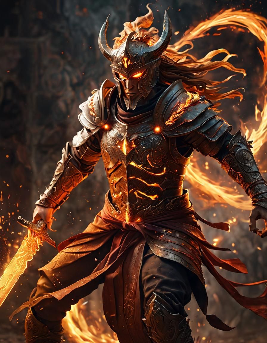 Fiery Mythical Warrior in Hyperrealistic Splash Art