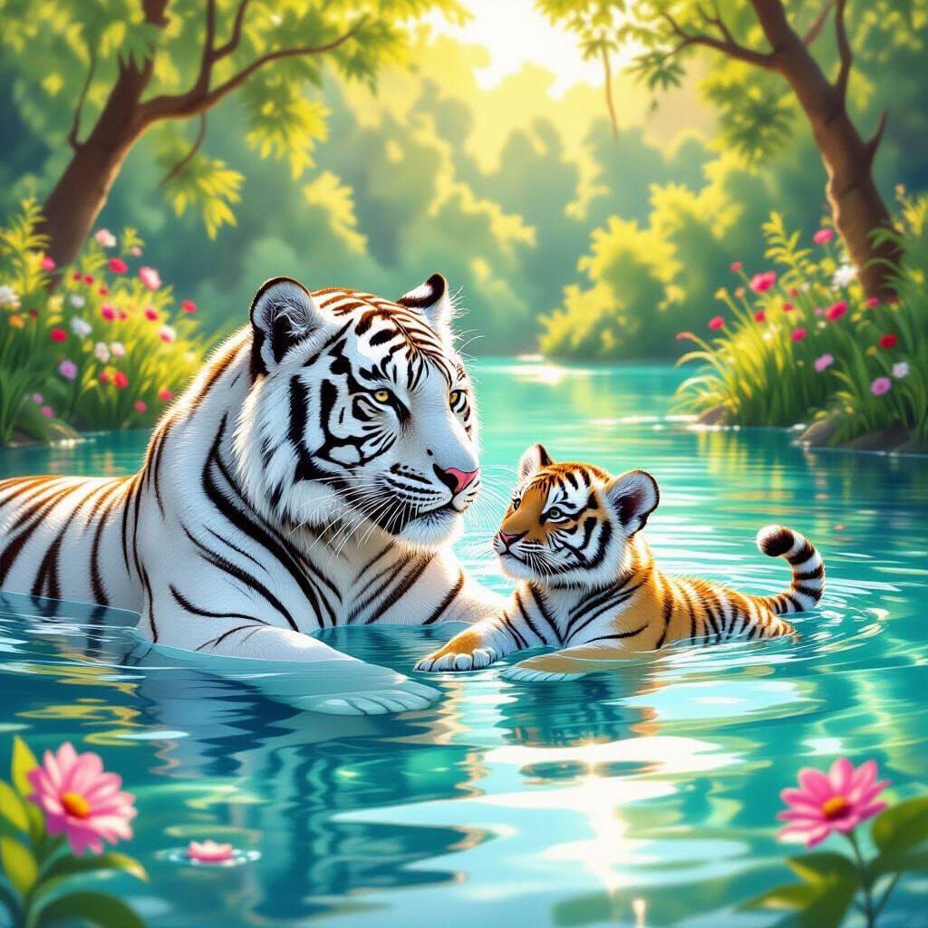 White Tiger Cub Playtime in Summer Lake