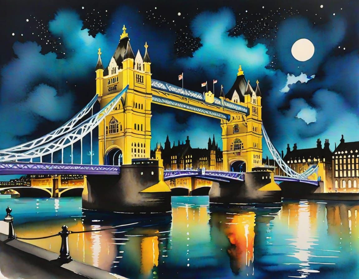 London Bridge at Night in Alcohol Ink Style