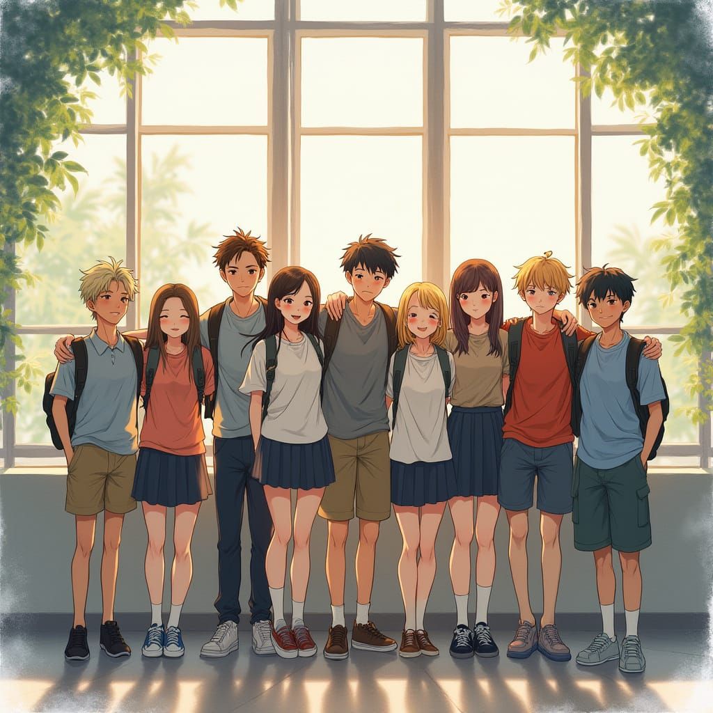 High School Friends Pose for Alumni Picture in Vibrant Anime...